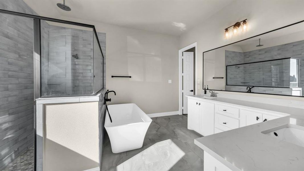 Primary bathroom provides dual vanity's