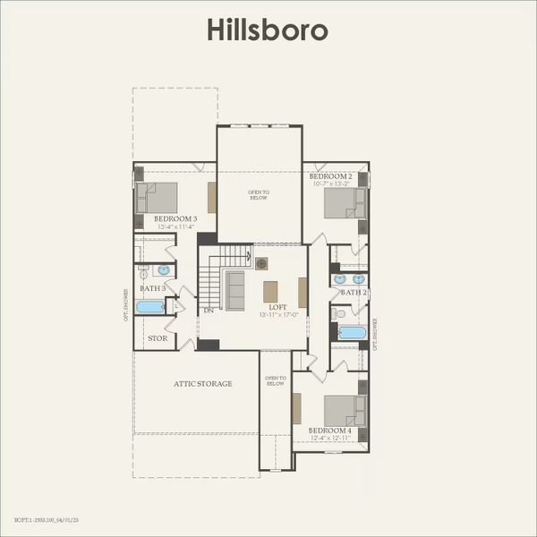 2D floor plan layout for the Hillsboro by Pulte Homes in Crescent Bluff, Georgetown, TX (Image 3).