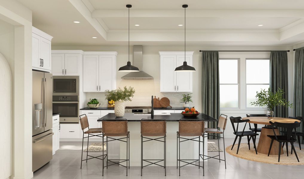 Kitchen with tray ceiling, ceiling beams and pendant lighting