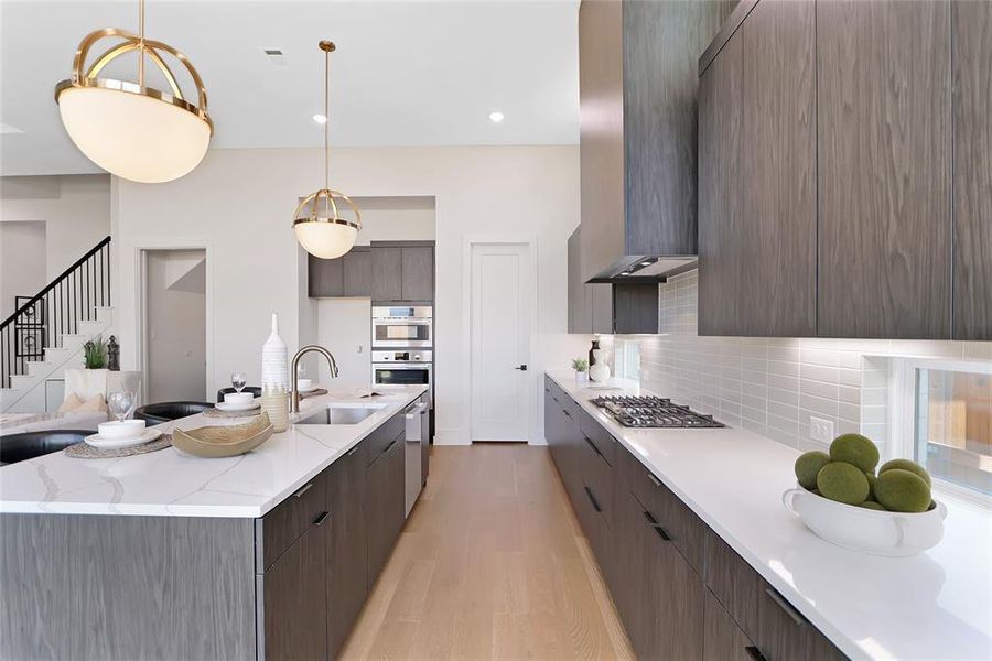 Modern kitchen with wood-finish cabinetry, white countertops, and a subway tile backsplash