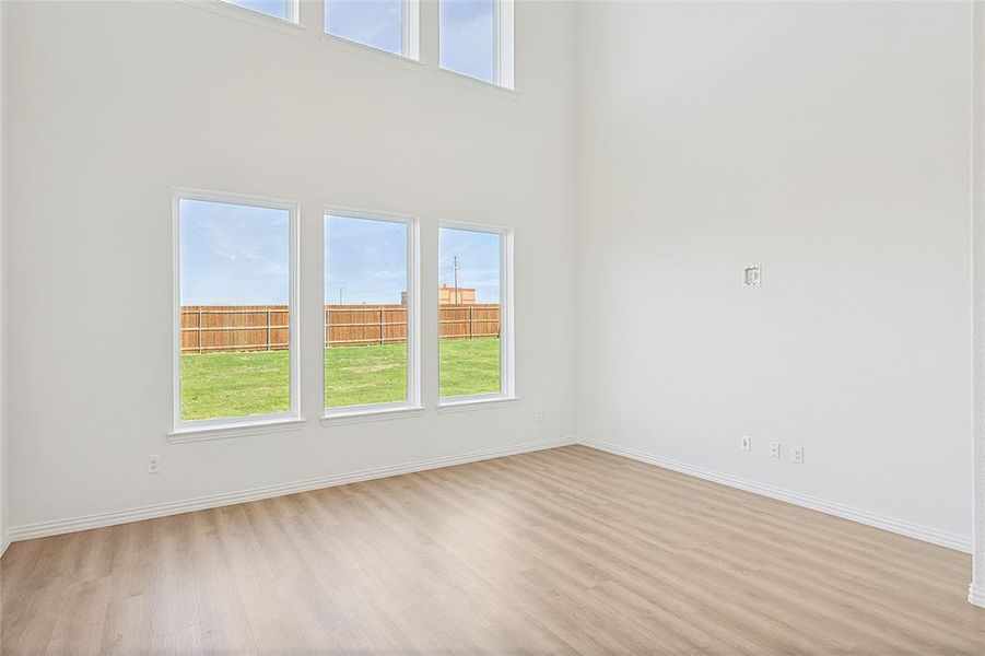 Spare room featuring a towering ceiling, light hardwood / wood-style flooring, and a wealth of natural light