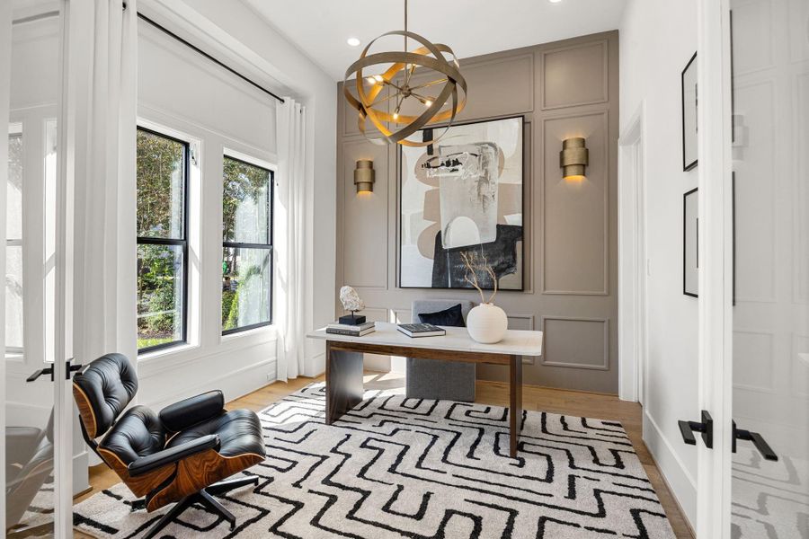 1st Floor Study offers wall panel detail, sconces & large windows to let in natural light. Windows are pre-wired for alarm system. 1st Floor Study offers wall panel detail, sconces & large windows to let in natural light. Windows are pre-wired for alarm system.