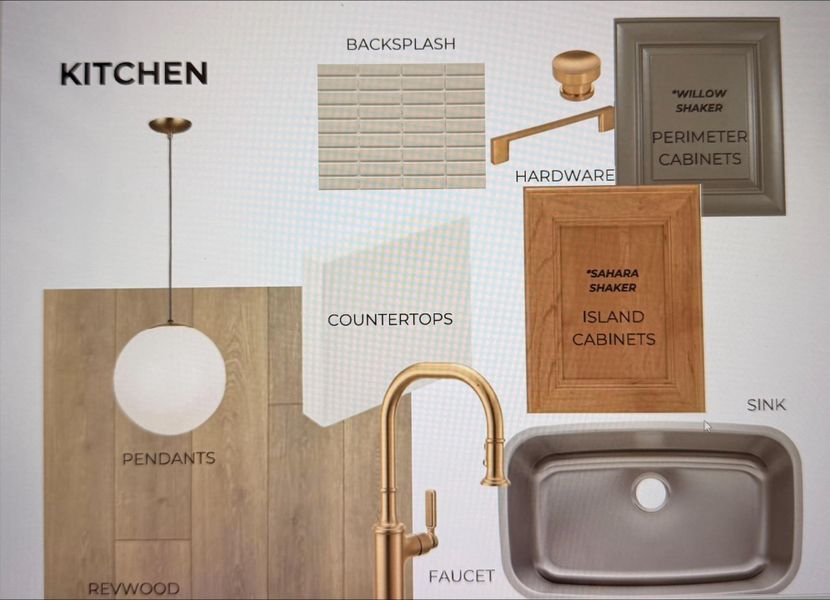 Kitchen Design Board. Displaying material and fixture selections for the property's kitchen Kitchen Design Board. Displaying material and fixture selections for the property's kitchen
