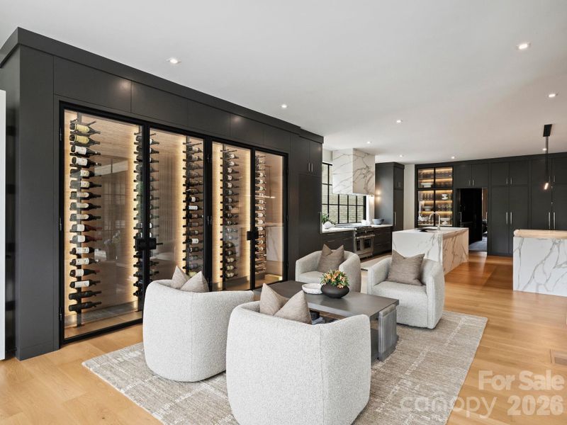 Dining area flex space with wine wall