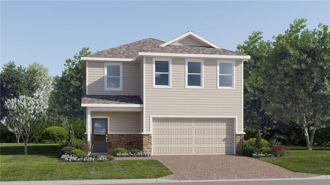 Front exterior of a new home in Wellness Ridge, Clermont, FL, highlighting curb appeal (Image 1). Front exterior of a new home in Wellness Ridge, Clermont, FL, highlighting curb appeal (Image 1).