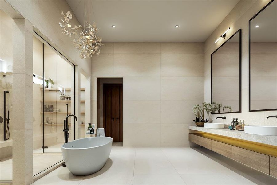 Full bathroom featuring tile walls, double vanity, walk in shower, tile patterned floors, and a freestanding bath