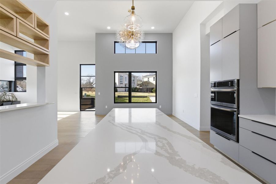 View looking towards the dinning area from the back of the kitchen.