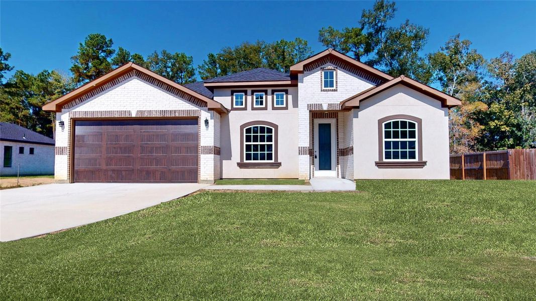 Front exterior of a new home in , Dayton, TX, highlighting curb appeal (Image 1). Front exterior of a new home in , Dayton, TX, highlighting curb appeal (Image 1).