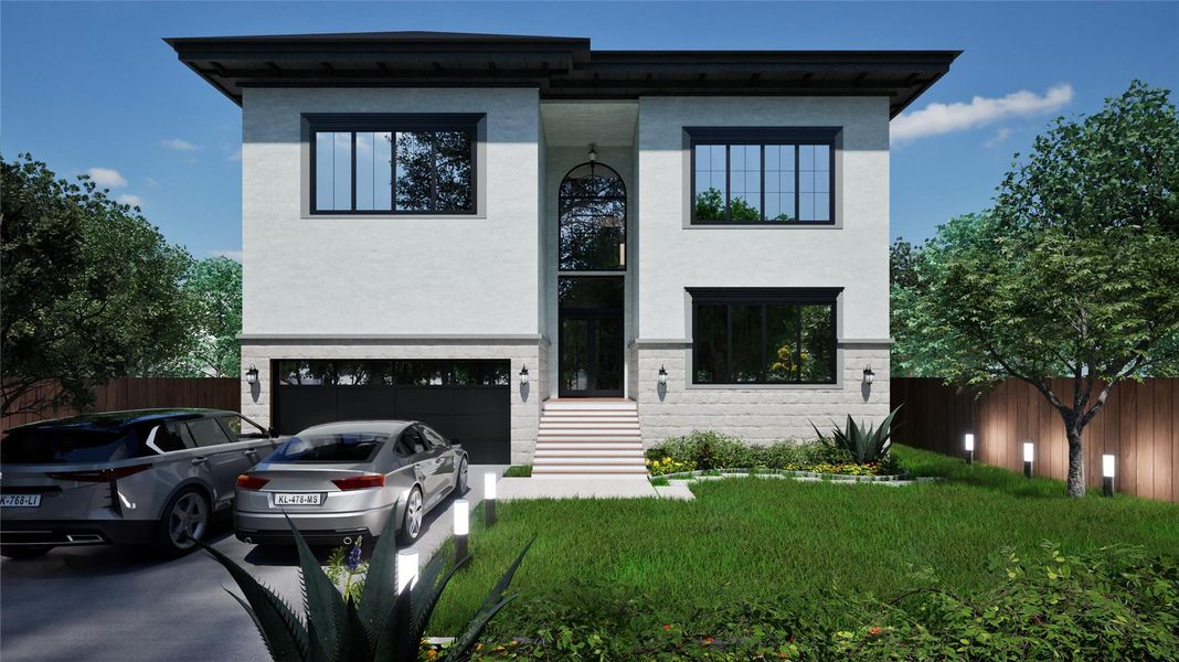 Stunning modern home with sleek lines and expansive windows, offering a spacious two-story design. The well-manicured lawn and driveway lead to a convenient two-car garage, surrounded by lush greenery for added privacy. Stunning modern home with sleek lines and expansive windows, offering a spacious two-story design. The well-manicured lawn and driveway lead to a convenient two-car garage, surrounded by lush greenery for added privacy.