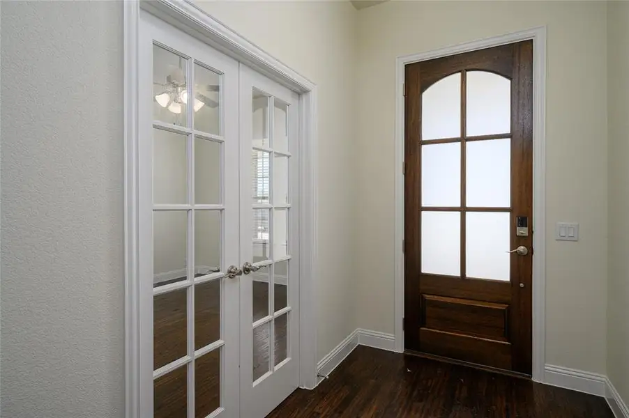 Foyer featuring a healthy amount of sunlight, dark hardwood / wood-style flooring, and french doors