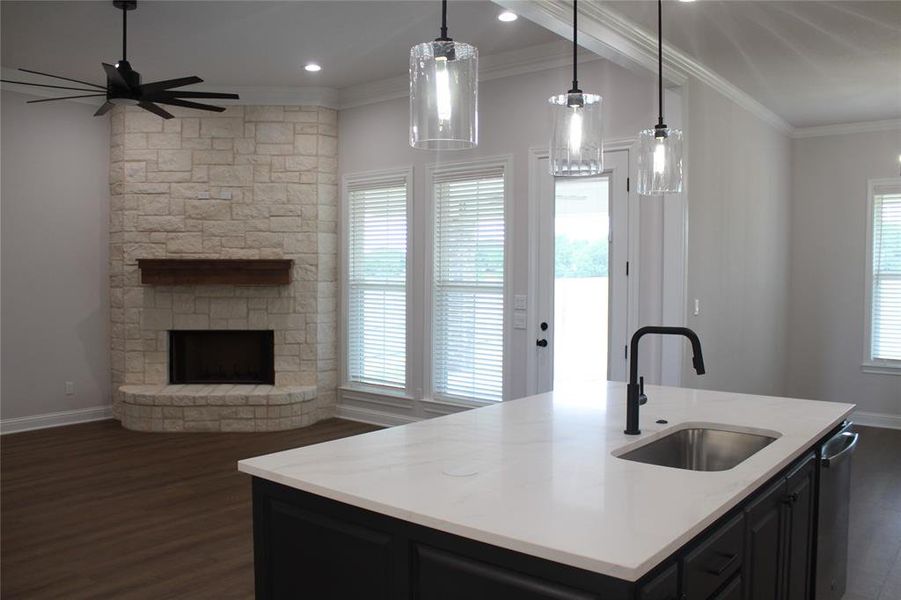 Kitchen with a sink, dark wood finished floors, open floor plan, ornamental molding, and a stone fireplace Kitchen with a sink, dark wood finished floors, open floor plan, ornamental molding, and a stone fireplace