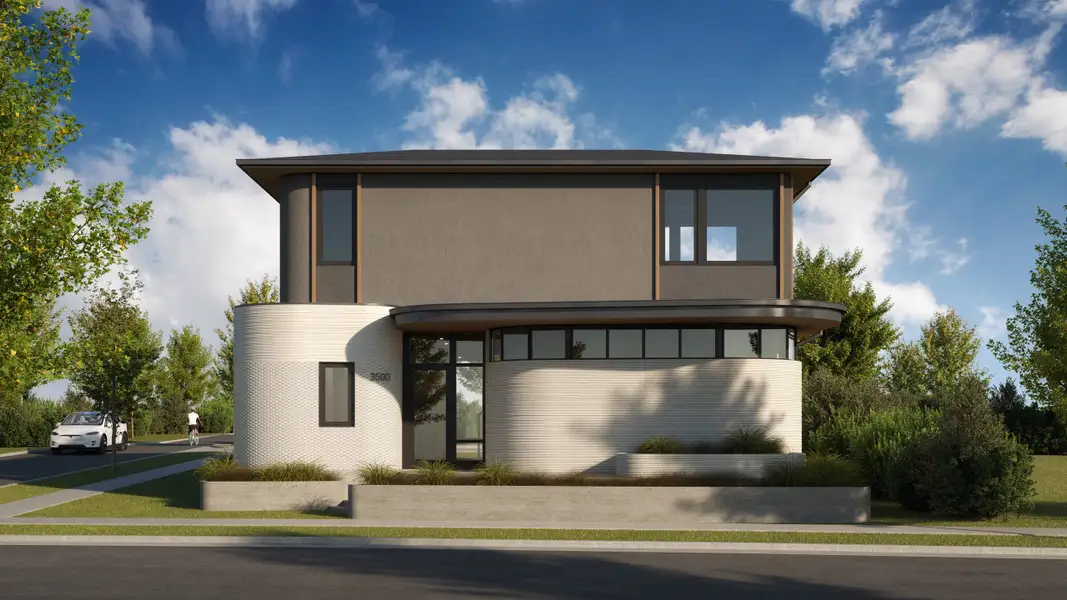 Representative exterior photo of a completed home built from the 2 Bedroom by ICON Technology in Mueller, Austin, TX (Image 1). Representative exterior photo of a completed home built from the 2 Bedroom by ICON Technology in Mueller, Austin, TX (Image 1).