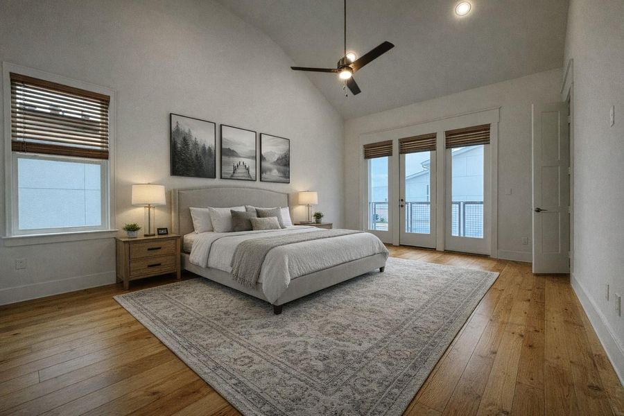 The primary suite has its own private balcony!   Virtual staging and wood floors added.