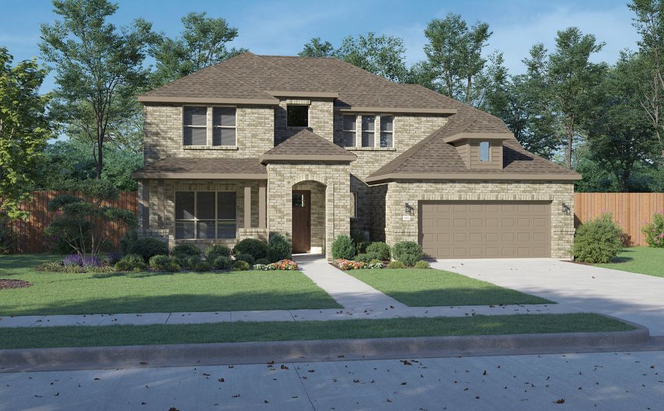 Front exterior of a new home in Painted Tree Lakeside, McKinney, TX, highlighting curb appeal (Image 2). Front exterior of a new home in Painted Tree Lakeside, McKinney, TX, highlighting curb appeal (Image 2).