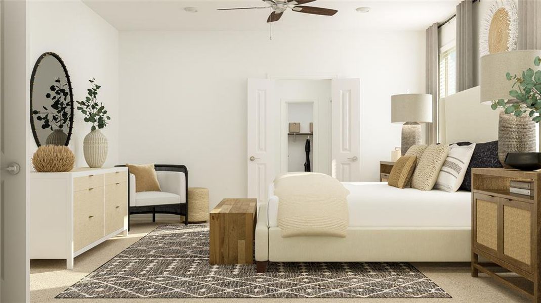 Bedroom featuring ceiling fan, light carpet, a spacious closet, and a closet