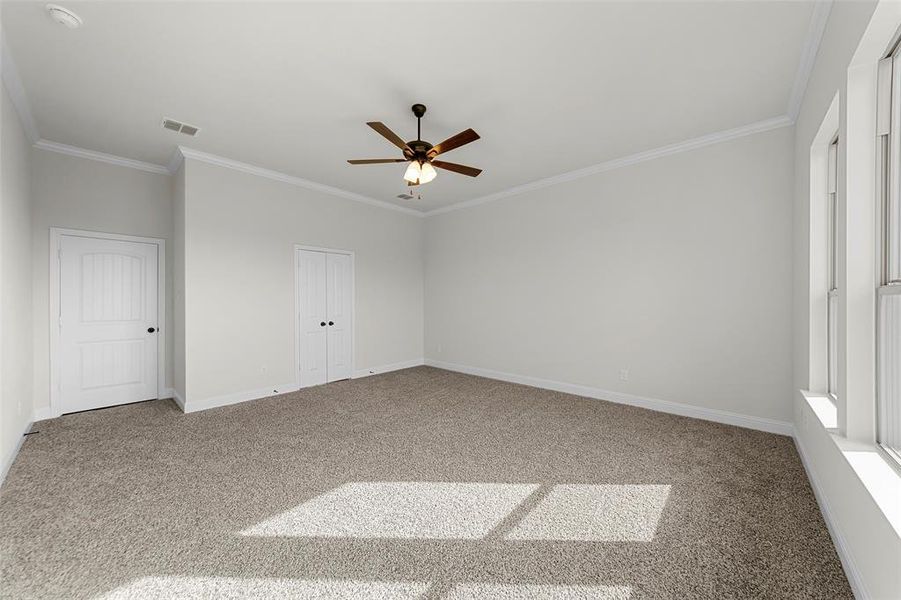 Empty room featuring carpet floors, ceiling fan, and crown molding