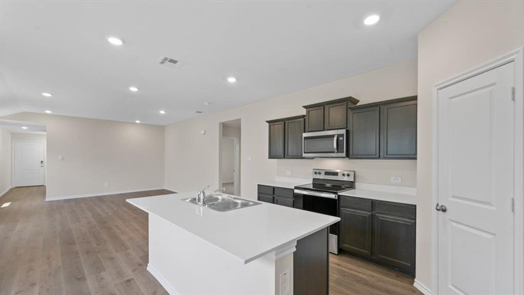 Open-concept kitchen featuring dark wood-finish cabinetry, stainless steel appliances, a center island with an undermount double-basin sink, and recessed lighting