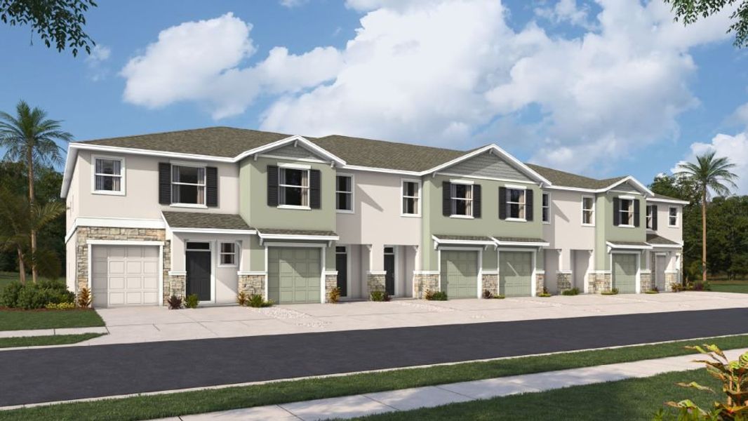Front exterior of a new home in Angeline Townhomes, Land O' Lakes, FL, highlighting curb appeal (Image 16). Front exterior of a new home in Angeline Townhomes, Land O' Lakes, FL, highlighting curb appeal (Image 16).