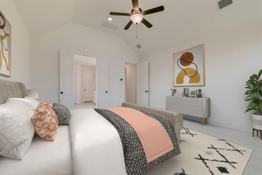Bedroom featuring lofted ceiling and ceiling fan