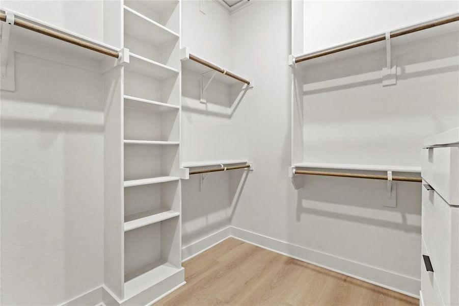 Spacious closet with light wood finished floors