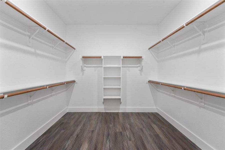 Spacious walk-in closet featuring wood-finish flooring, white walls, built-in shelving, and multiple clothing rods Spacious walk-in closet featuring wood-finish flooring, white walls, built-in shelving, and multiple clothing rods