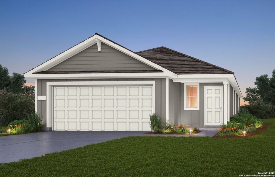 Front exterior of a new home in Horizon Ridge, San Antonio, TX, highlighting curb appeal (Image 1).