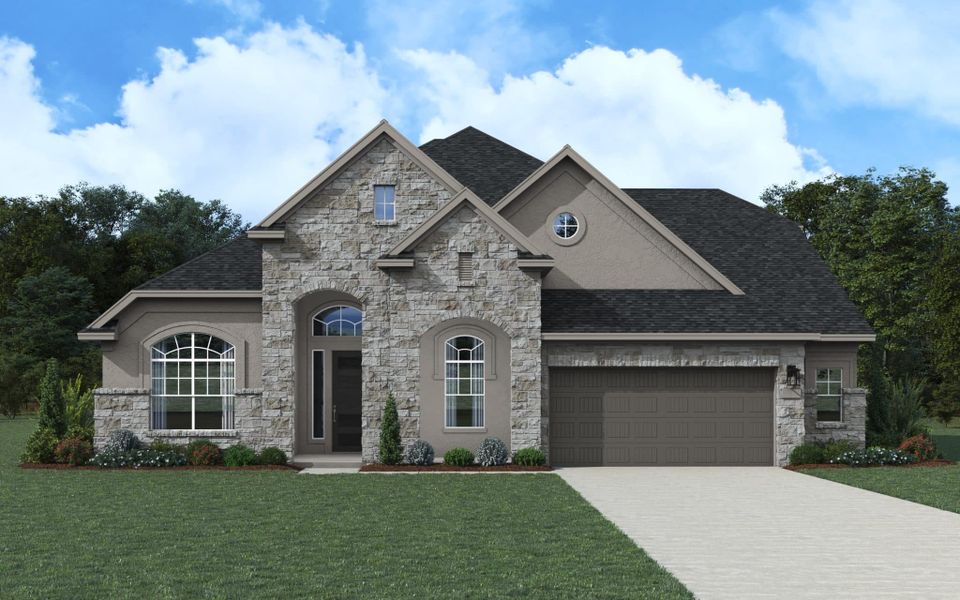 Representative exterior photo of a completed home built from the Brisbane 77′ by Chesmar Homes in Mesa Western, Cibolo, TX (Image 9).