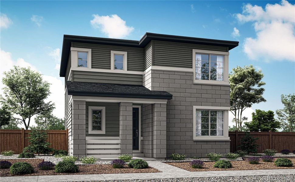 Front exterior of a new home in Crescendo at The Aurora Highlands, Aurora, CO, highlighting curb appeal (Image 2).