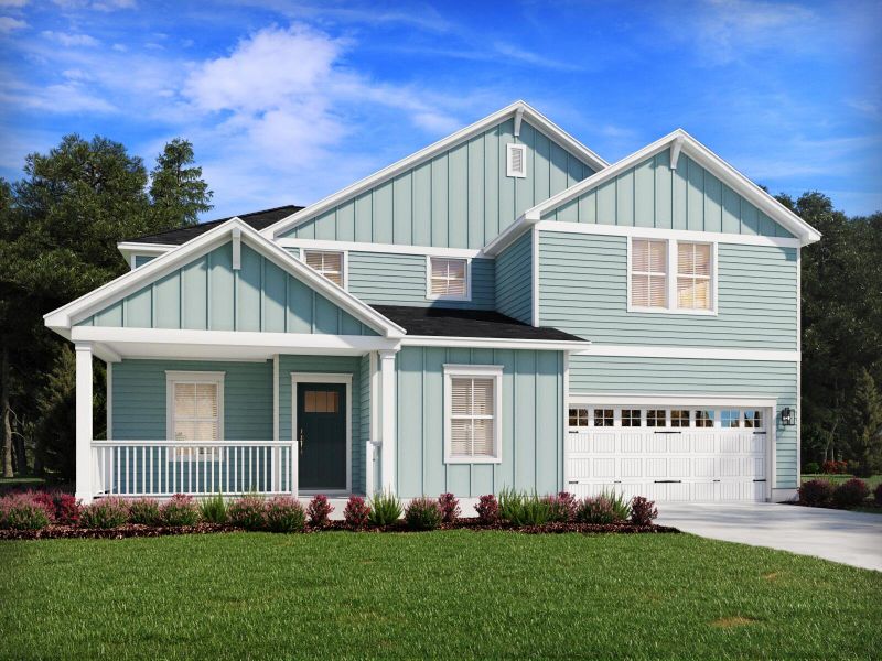 Front exterior of a new home in The Coves at Lakes of Cane Bay II, Summerville, SC, highlighting curb appeal (Image 1). Front exterior of a new home in The Coves at Lakes of Cane Bay II, Summerville, SC, highlighting curb appeal (Image 1).