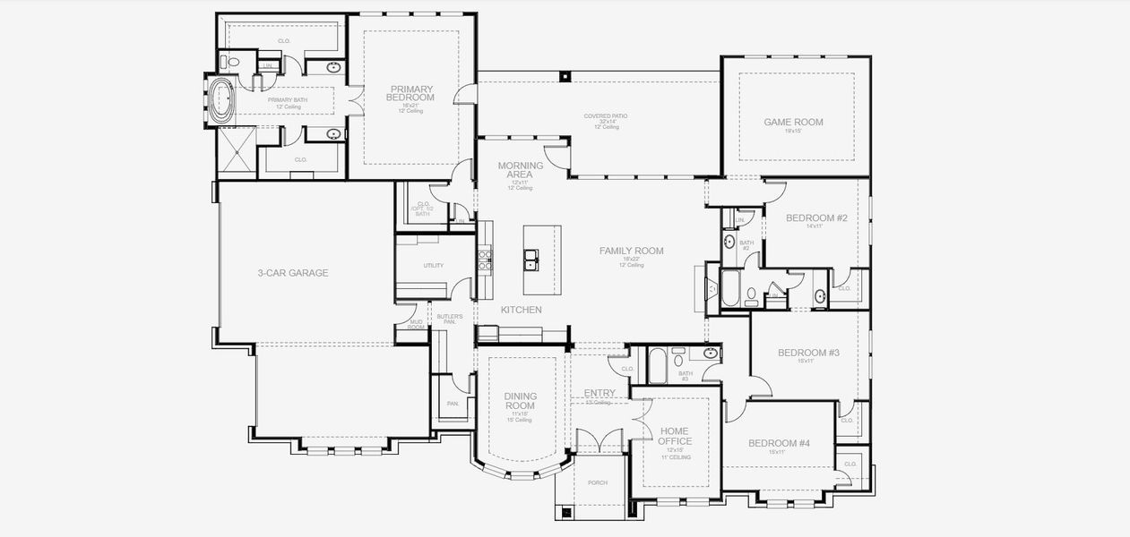 2D floor plan layout for the 3494S by Perry Homes in Johnson Ranch Half Acre, Bulverde, TX (Image 3).