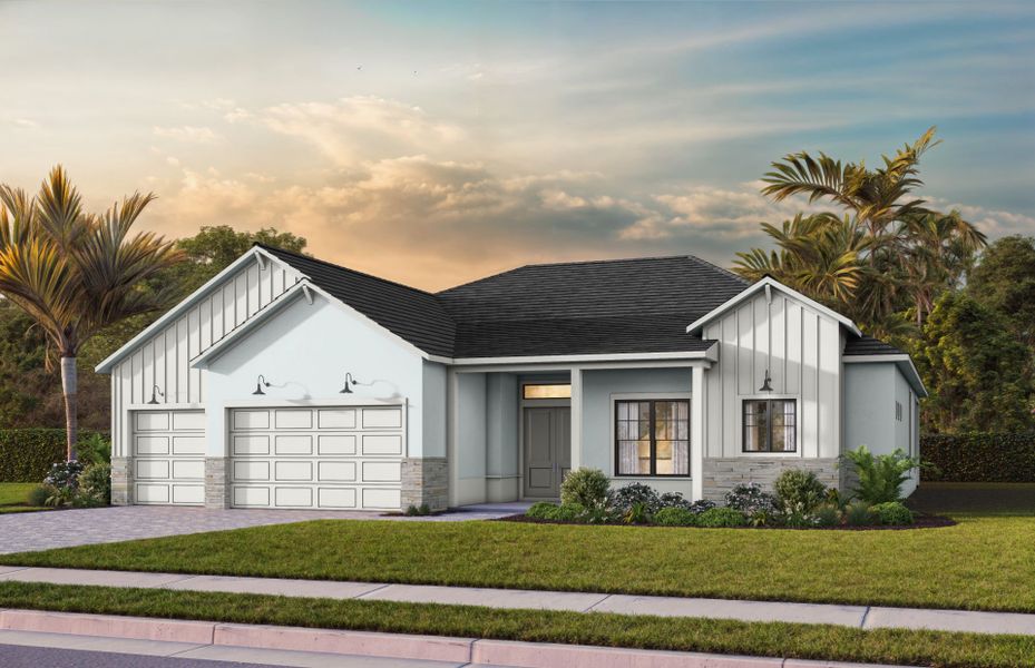 Front exterior of a new home in Amara, Lake Worth, FL, highlighting curb appeal (Image 18). Front exterior of a new home in Amara, Lake Worth, FL, highlighting curb appeal (Image 18).