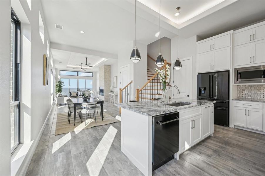 Kitchen island on first floor in open concept plan.