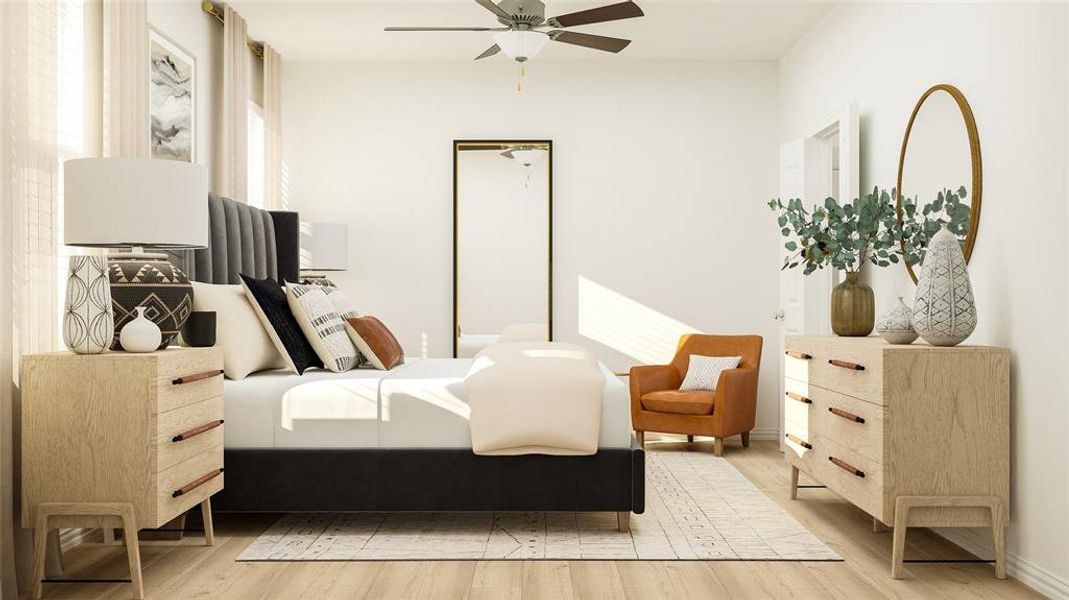 Bedroom featuring light wood-type flooring and ceiling fan