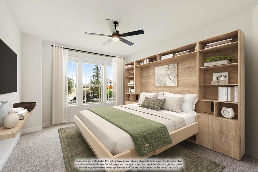 Bedroom with built-in wood shelving headboard, ceiling fan, and large windows with natural light Bedroom with built-in wood shelving headboard, ceiling fan, and large windows with natural light