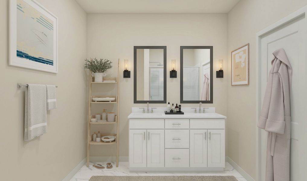 Primary bath with dual sinks and chrome fixtures throughout