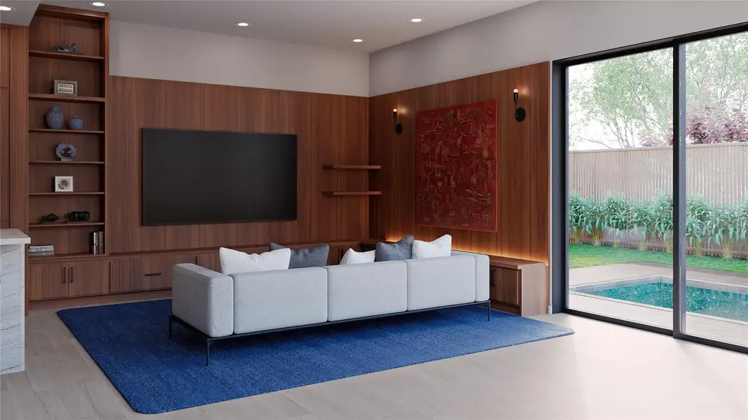 Living room featuring light wood-type flooring and recessed lighting