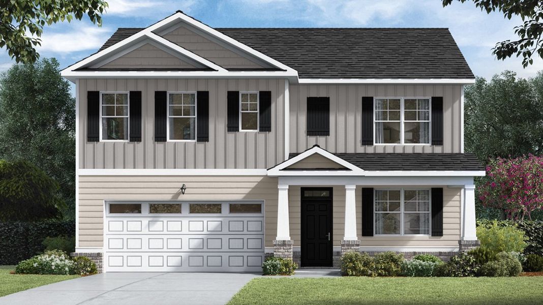 Front exterior of a new home in Southwind Village, Evans, GA, highlighting curb appeal (Image 1). Front exterior of a new home in Southwind Village, Evans, GA, highlighting curb appeal (Image 1).