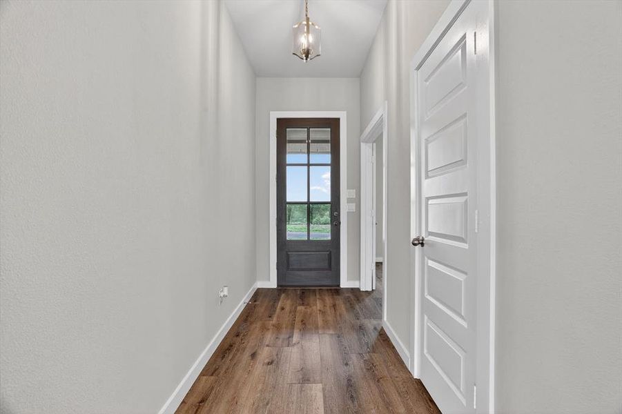 Entryway featuring wood-finish flooring, light gray walls, a dark paneled door with glass inserts, and a decorative pendant light fixture Entryway featuring wood-finish flooring, light gray walls, a dark paneled door with glass inserts, and a decorative pendant light fixture