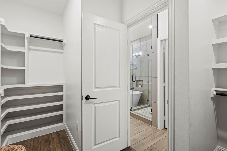 Walk in closet featuring dark wood-type flooring