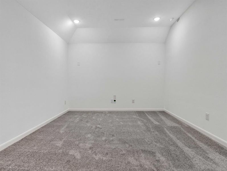 Unfurnished room with carpet floors and vaulted ceiling