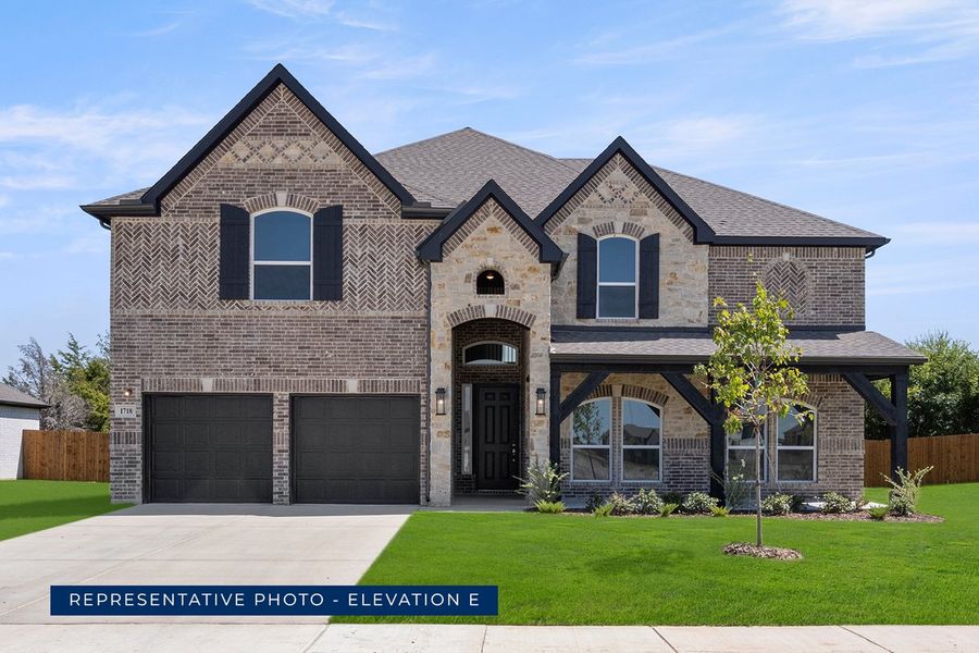 Representative exterior photo of a completed home built from the Brentwood 3F (w/Media) by First Texas Homes in The Bluffs, Celina, TX (Image 14). Representative exterior photo of a completed home built from the Brentwood 3F (w/Media) by First Texas Homes in The Bluffs, Celina, TX (Image 14).