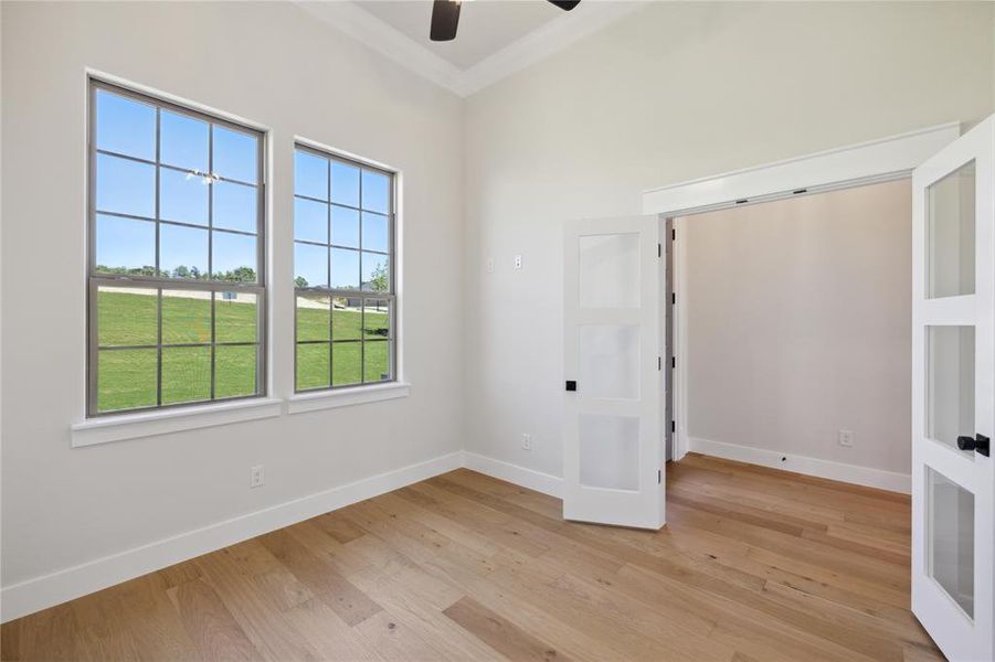 Spare room featuring ceiling fan, ornamental molding, light hardwood / wood-style flooring, and a healthy amount of sunlight