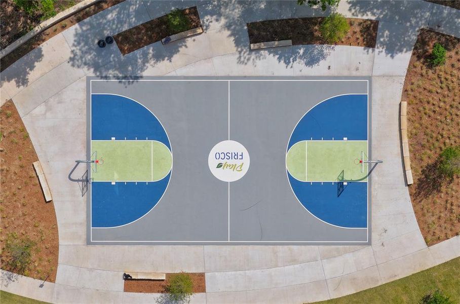 The community amenities include a basketball court with blue and light green markings on a grey surface