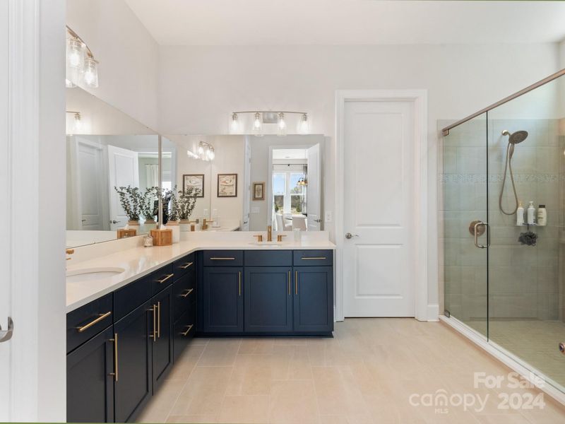 Oversized spa-like shower and custom pullouts in all cabinets