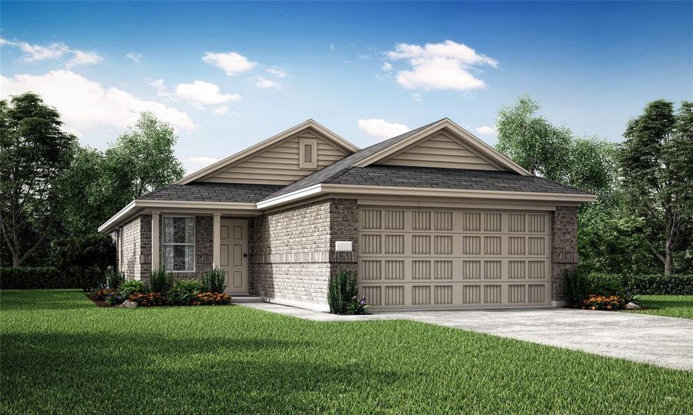 View of front of home featuring a garage and a front yard