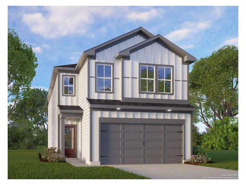 Front exterior of a new home in Meadows at Oak Creek, San Antonio, TX, highlighting curb appeal (Image 1). Front exterior of a new home in Meadows at Oak Creek, San Antonio, TX, highlighting curb appeal (Image 1).