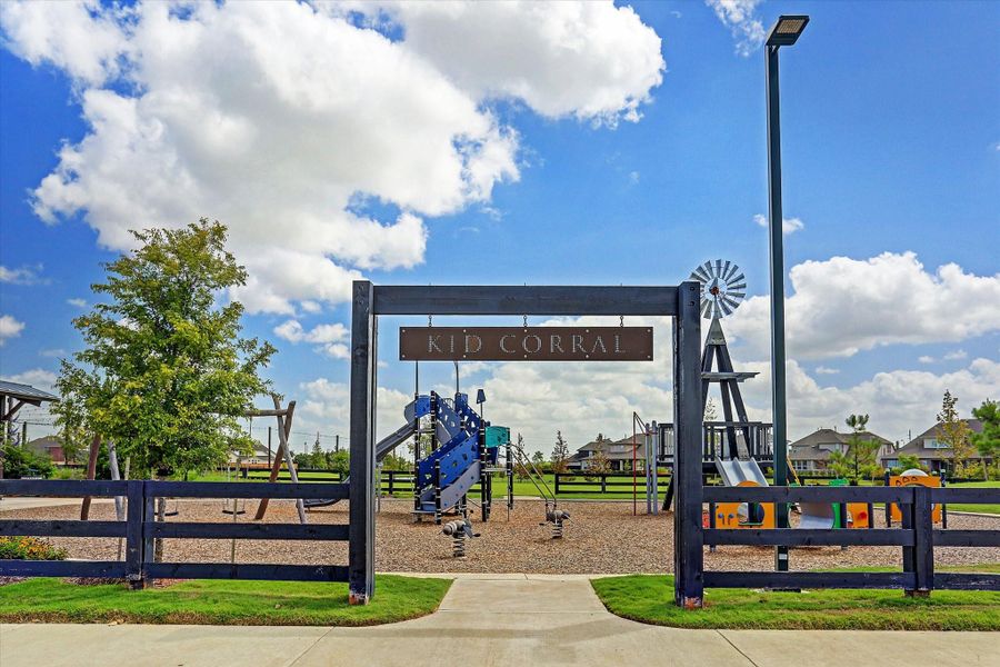 Kid Corral is one of Harvest Green’s one-of-a-kind playgrounds, located right next to The Farmhouse w/ equipment for all ages, shaded seating nearby, and a signature windmill that adds to the community’s charming agrihood feel.