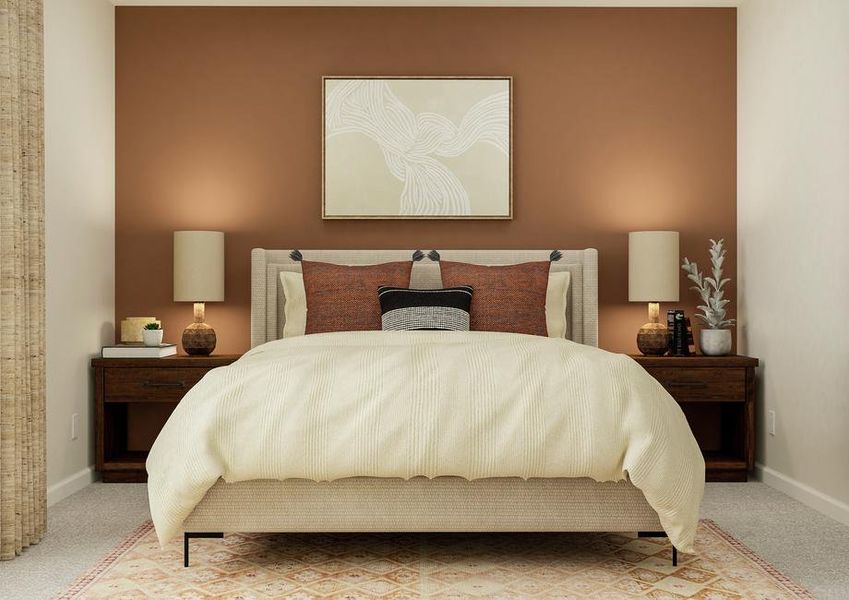 Rendering of a spacious bedroom showing a
  large bed centered between two nightstands.