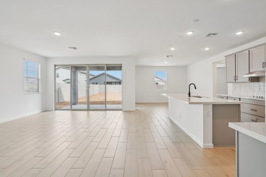 Great room, kitchen and dining