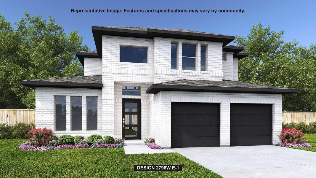 Front exterior of a new home in The Grand Prairie, Hockley, TX, highlighting curb appeal (Image 1). Front exterior of a new home in The Grand Prairie, Hockley, TX, highlighting curb appeal (Image 1).